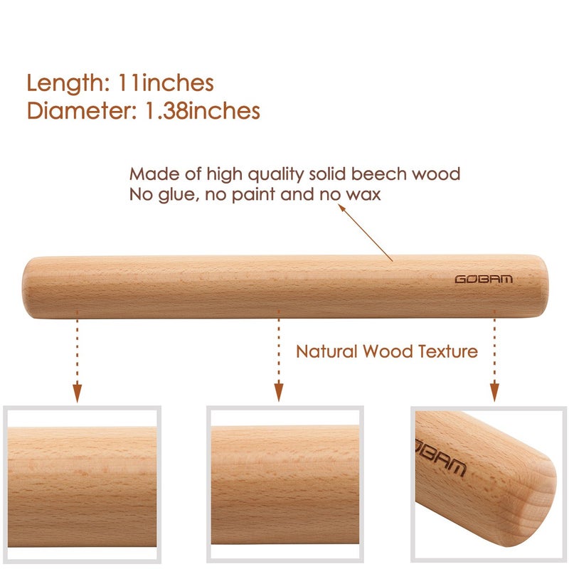 GOBAM Wood Rolling Pin  Small - Dough Roller for Pasta  Cookies  Pie  Pizza  Chapati  Fondant  Rolling Pins for Baking  Bread Making Tools and Supplies - 11 x 1.38 Inches - Image 2